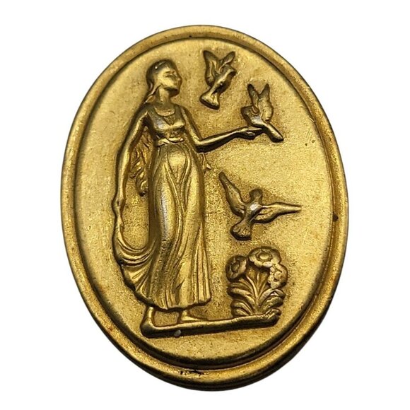 Helen of Troy Cameo Brooch Gold Plated Intaglio Signet Oval Greek Scene Vintage - Picture 8 of 8